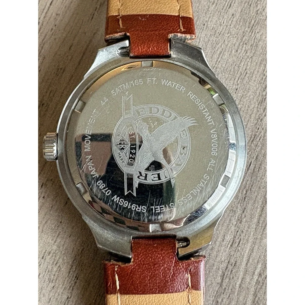 Eddie Bauer V8V006 3 Eye Gray Dial Chronograph Mens Watch Vintage Leather Band
